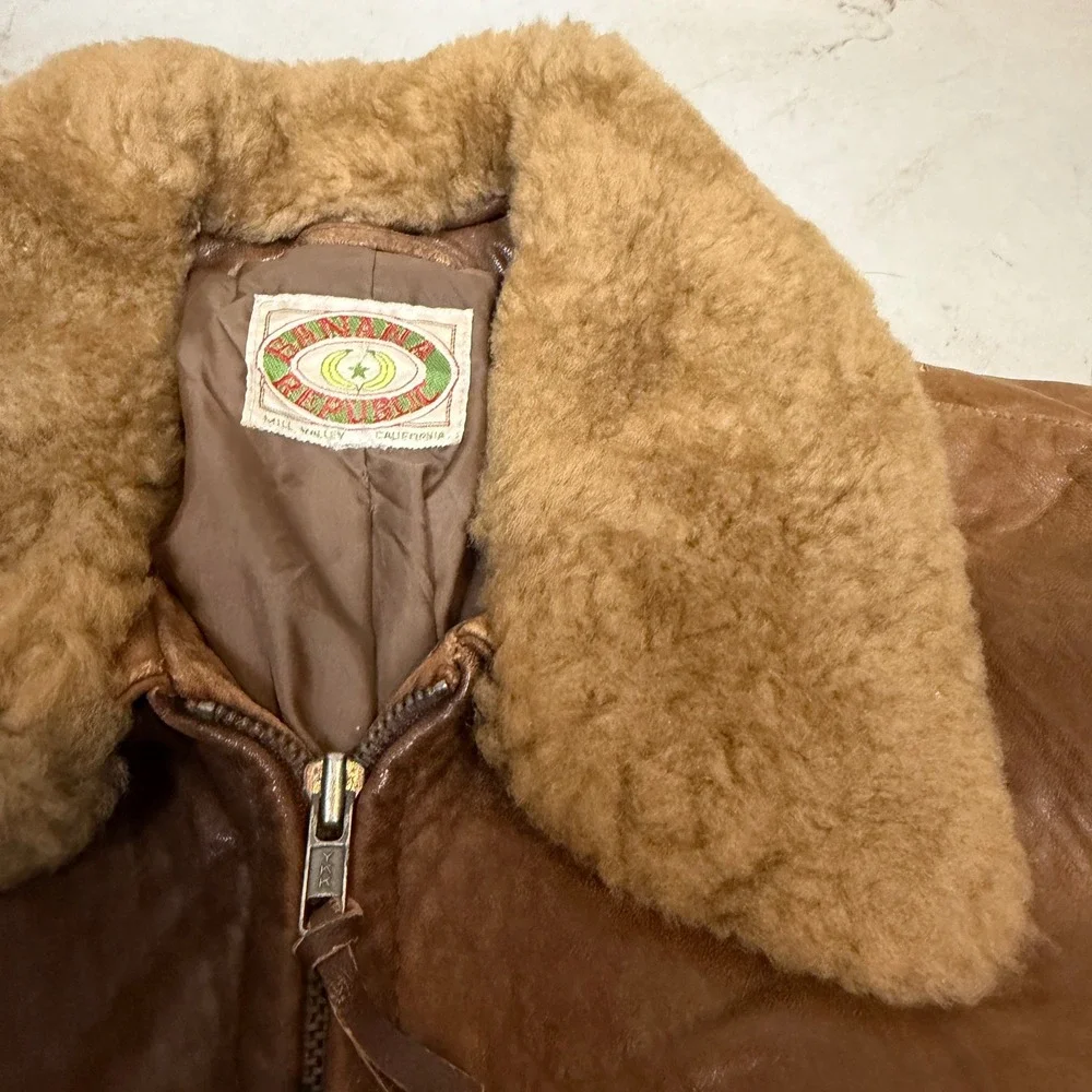 1980s Banana Republic Vintage Leather Flight Jacket Brown Shearling Collar Large